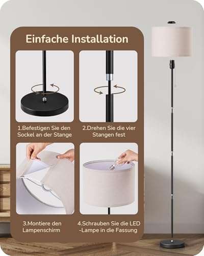 EDISHINE Stehlampe Wohnzimmer, Leinen-Lampenschirm, 2700K, Schwarz, 145cm – Ansicht 8