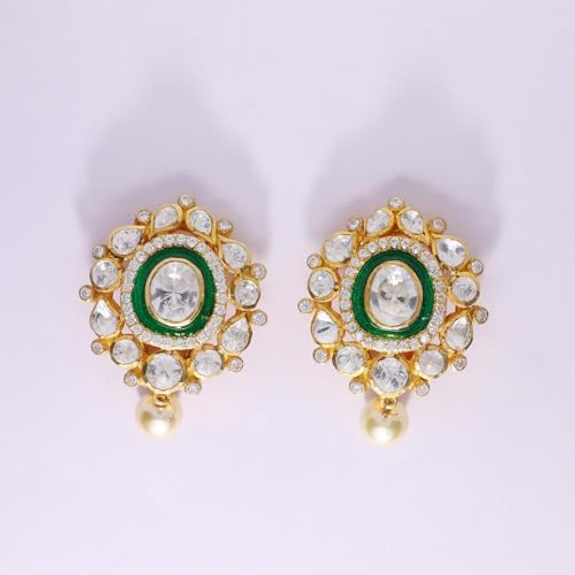 Women's 925 Silver Kundan Flower Shaped Earring Set in Gold Finish
