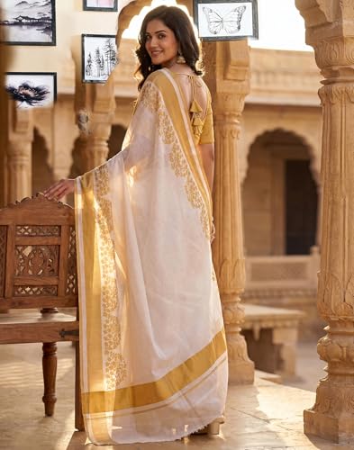 Image of SIRIL Women's Printed Cotton Linen One Minute Ready to Wear Saree With Unstitched Blouse Piece