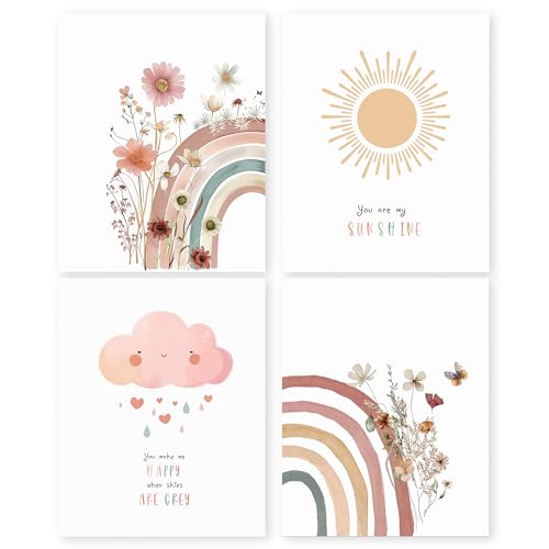 Image of HRQKO You Are My Sunshine Wall Art Poster Prints Set of 4, Sunshine Nursery Decor, Affirmations Artwork Prints Posters Wall Decor, Rainbow Wildflower Decor for Nursery Baby Girls Room 8”x10” Unframed