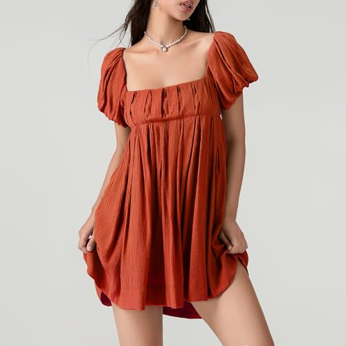 Image of Women Y2k Puff Sleeve Babydoll Dresses Square Neck Tie Back Mini Dress Summer Solid Off Shoulder Flowy Sundress