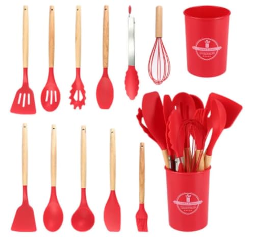 Set di 12 utensili da cucina in silicone con manico in legno, kit da cucina completo di stoviglie, resistenti e durevoli (rosso)