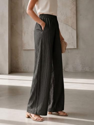 Image of Women's High Waist Wide Leg Trousers | Textured Crinkle Palazzo Pants | Elastic Waist Casual Formal Office Wear Trousers | Comfortable Lightweight Bottom Wear for Women