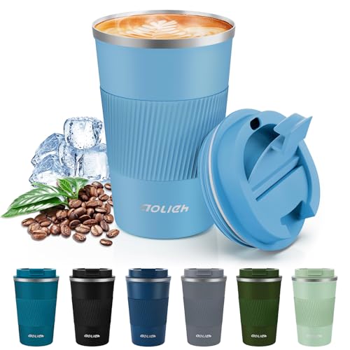 Image of Travel Mug 380 ml, Insulated Coffee Cup with Lid, Reusable Stainless Steel Thermal Cup for Coffee, Tea & Cold Drinks, Leak-Resistant Double-Walled Travel Mug, Azure Blue