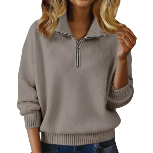 PODOLIXIA Troyer Damen Strick Arbeitspullover Einfarbig Strickpullover Herbst Seemannspullover Feinstrick Damenpullover Langarm Sweater Casual Half Zip Pullover