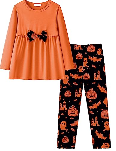 Yekaty Girls Halloween Outfits Soft 2 Pcs Clothes Set Orange Crewneck Tops With Bowknot Ghost Pumpkin Loose Leggings