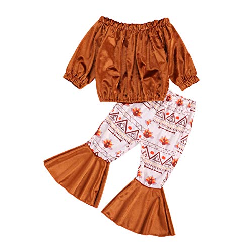Toddler Baby Girl Long Sleeve Outfits Ruffle Fall Winter Shirt Bell Bottom Flare Pants 2pcs Boutique Clothes Set (Wheat, 1-2 Years)