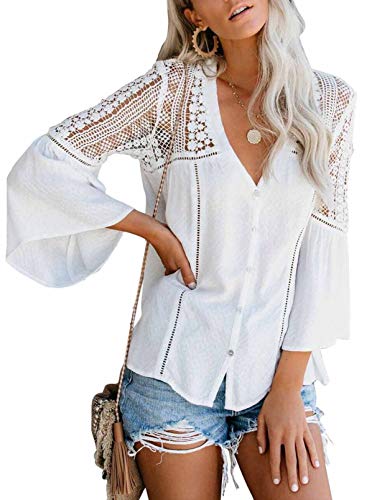 Canikat Women's Cute Fall Lace Crochet V Neck Flowy Bell Long Sleeve Blouses Solid Casual Loose Button Down T Shirts Tops White M Canikat Women's Cute Fall Lace Crochet V Neck Flowy Bell Long Sleeve Blouses Solid Casual Loose Button Down T Shirts Tops White M
