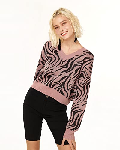 Noflik Women's Allover Zebra Print Long Sleeve V-Neck Pullover Cropped Sweaters Tops (Mauve, L) #TOP1