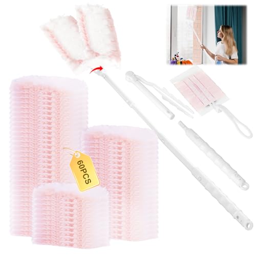 Juego de 60 recambios de plumero para Swiffer Swiffer, plumero para Swiffer, pack de recambio para Swiffer con 1 asa, 1 barra telescópica para pelo de animales, polvo y suciedad (rosa)