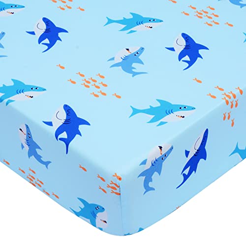 Image of UOMNY Crib Sheet for Baby Boys Shark Fitted Crib Sheets for Standard Crib and Toddler Mattresses Ocean Crib Mattress Sheets for Daycare 52 x 28 Blue