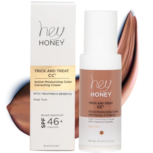 Image of Hey Honey Trick and Treat CC Cream SPF 46 | Active Moisturizing Color Correcting Cream with Honey & Propolis | Best Cover For Rosacea, Skin Redness & Mature Skin | Cruelty-Free | 1 oz (Deep)