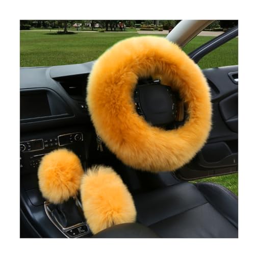 Ohleats 3PCS Pure Wool Steering Wheel Cover, 15 Inches Furry Steering Wheel Protector with Handbrake & Gear Shift Cover, Universal Soft Fluffy Steering Wheel Car Accessories (Orange)
