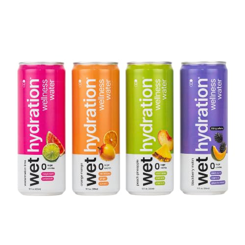 Image of Wet Hydration | Functional Wellness Water, Non-Carbonated - Trial Pack (12 Ounce Cans, Pack of 4) - Flavored Water, Hydration Drink, No Sugar, No Artificial Ingredients, Zero Calories (Packaging May Vary)