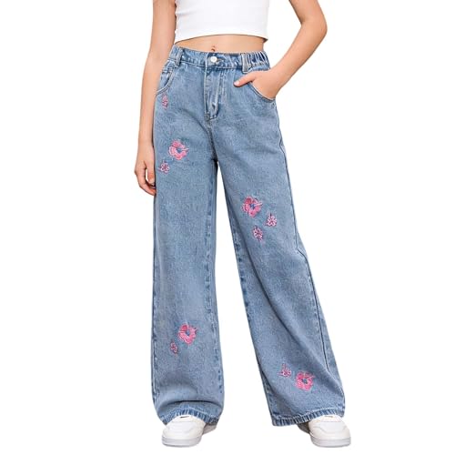 Pantalones vaqueros de cintura alta para niñas con cómodo diseño holgado y recto