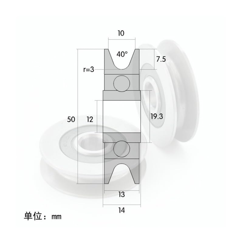10/12 * 50 * 13mm 6301RS roulements en acier, U rainures V fond rond 5cm poulie, roue de guidage 6mm, roue de levage de câble métallique(10x50x13mm)