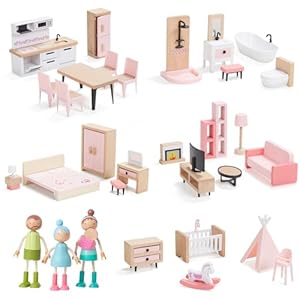 Giant bean 36pcs Wooden Dollhouse Furniture Set with Dolls for 5 Rooms, Wood & Plastic Pink Dollhouse Accessories Pretend Play Furniture Toy Christmas Birthday Gift Toy for Kids Boys Girls Toddler 3+