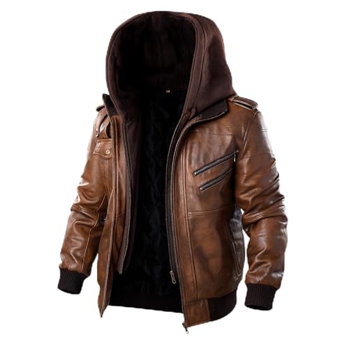 Image of TLC's Mens Leather Bomber Jacket | Durable Lambskin Leather Bomber Jacket Men with Removable Hood