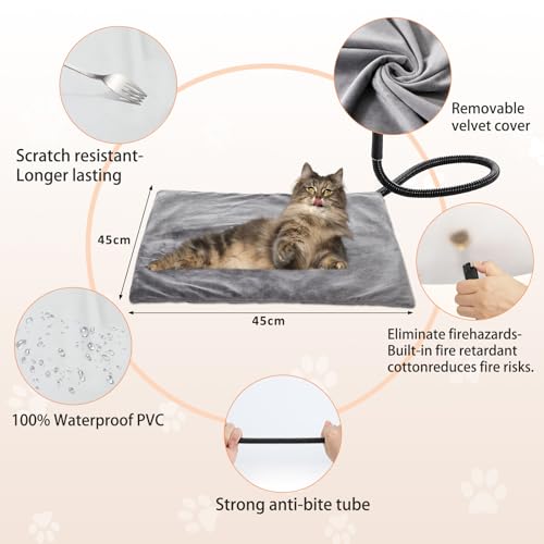 Helining Haustier Heizkissen für Katzen Hunde, 45 * 45cm, 5 einstellbare Timer und 6 einstellbare Temperaturen, Haustier-Heizmatte, wasserdicht, ideal für Welpen/Hunde/Katzen/Kaninchen