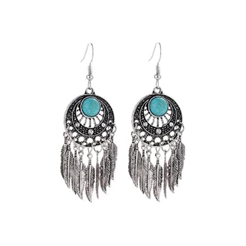 Boho Turquoise Feather Tassel Earrings Cover