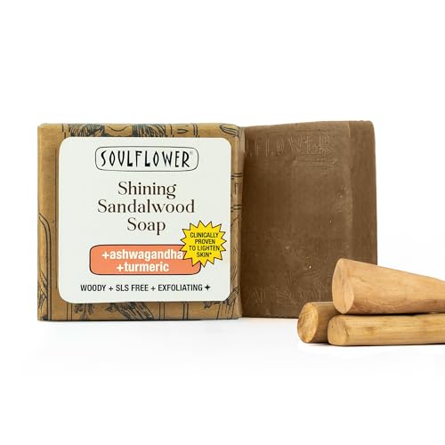 Image of Soulflower Sandalwood Soap, Protection for Every Ghar, Cleansing, Tan Removal, Magic Wash for Face, Body with Ashwagandha, Tulsi, Triphala, Neem | 100% Natural, Handmade for All Skin Types, 100g