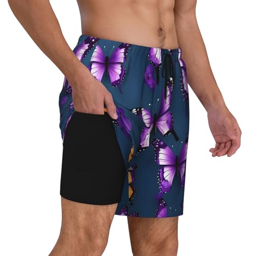 Beautiful Purple Butterfly Men's Soft Double Swim Shorts, Lounge Swiming Shorts Pants Breathable Summer3