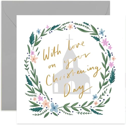 Old English Co. With Love Christening Card - Gold Foil Square Religious Card | First Communion Baptism Christian Confirmation | Blank Inside & Envelope Included