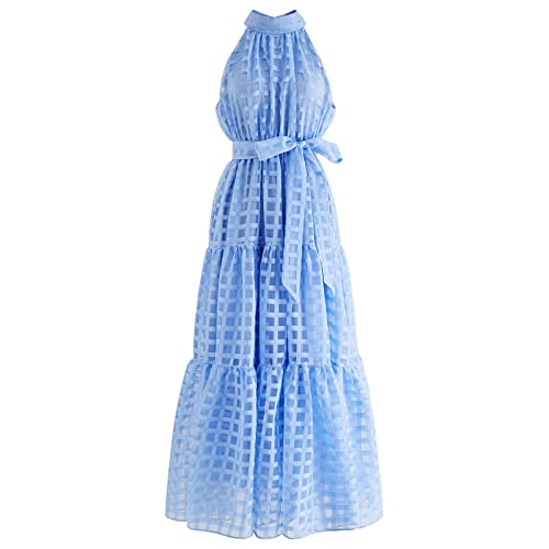 CHICWISH Damen Maxikleid mit Neckholder-Kragen, in Hot Pink/Blau kariert, Blau, Mittel