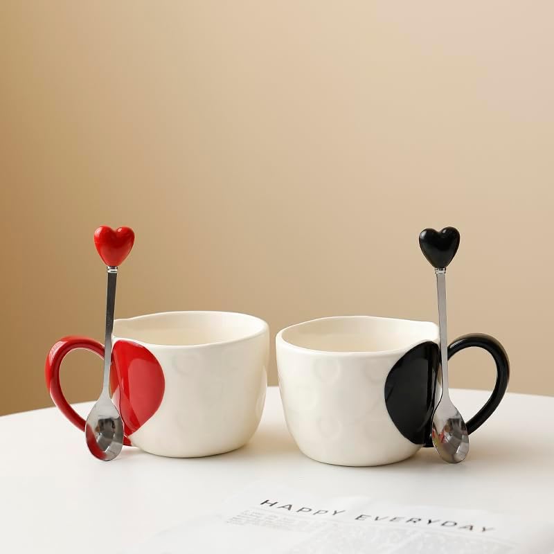 Ceramic Heart Couple Mugs Set with Heart-Top Spoons - Unique 12oz Coffee Mug Set for Wedding, Anniversary, and Valentine’s Day - Romantic Gift for Lovers - Black & Red Love Design. - Image 2