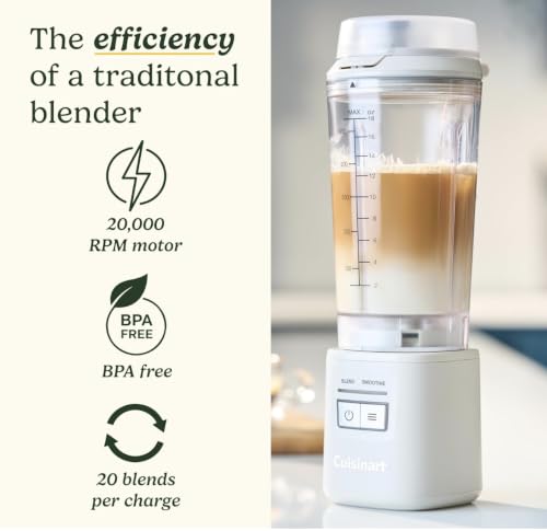 Image of Cuisinart Blast & Go Portable Blender | Cordless, USB-C Rechargeable | BPA Free Travel Mug | 20,000 RPM Motor | 2 Presets: Mix & Shakes, Protein Shakes, Crushed Ice, Fruits