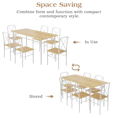 Image of VECELO 7-Piece Dining Table Set for 6, Wood Dinette with Chairs, Natural White