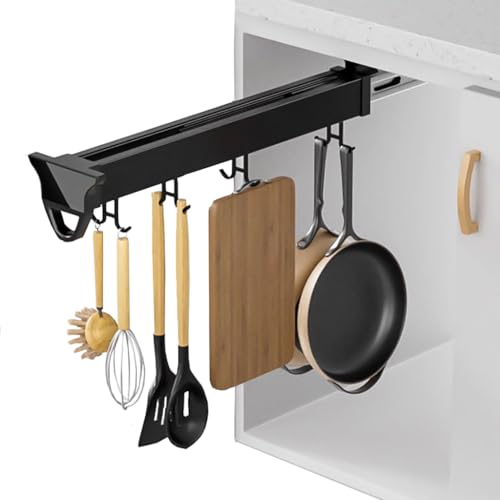 Hanging Pot Rack with 8 Hooks for Cabinet Adjustable 18" Pull Out Pot and Pan Organizer with Sliding Rail Storage Utility Rack for Kitchen/Closet/Cupboard Holds up to 75LBS