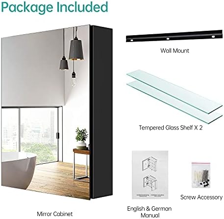 EMKE Bathroom Mirror Cabinet Single Door - Wall Mounted Bathroom Cabinet Storage Cupboard with Adjustable Shelf, Waterproof Bathroom Wall Storage Cabinets, Black 50L x 65H x 14.5D cm