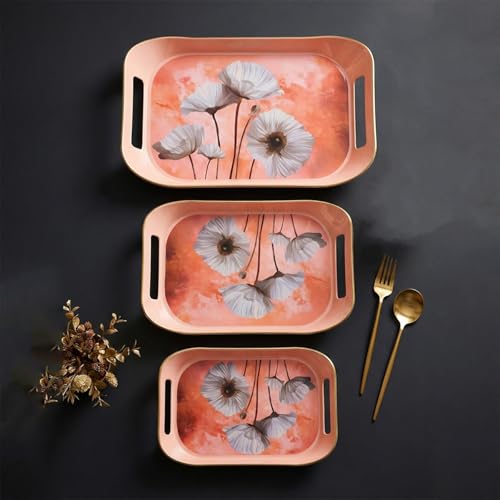 Image of Set of 3 Printed Plastic Serving Trays with Handles Multipurpose Kitchen & Dining Serving Tray Set Lightweight Durable Easy to Clean for Tea Coffee Snacks Breakfast Food Serving Floral Design