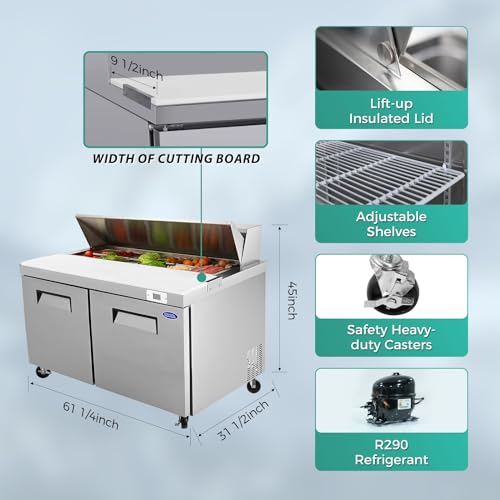 Image of Commercial Refrigerators,60 inch Cold Storage Worktop,Steel Sandwich & Salad Prep Table with Butcher Block and Protection Lid,Defrost System,16 Pans Up to 4 inch Deep,for Restaurant,Bar,ETL Certified,Silver