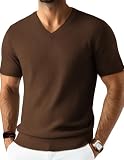 Mens Knit Shirt Summer Tops Short Sleeve V Neck Solid Casual Tee Shirts Coffee