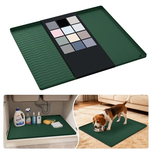 Image of URMONA Waterproof Silicone Under Sink Mat 25'' x 22'' Shelf Liner for Kitchen and Bathroom, Cabinet and Counter Protector, Storage and Organizers, Litter Mat, Pet Cat Puppy Essentials(Green)