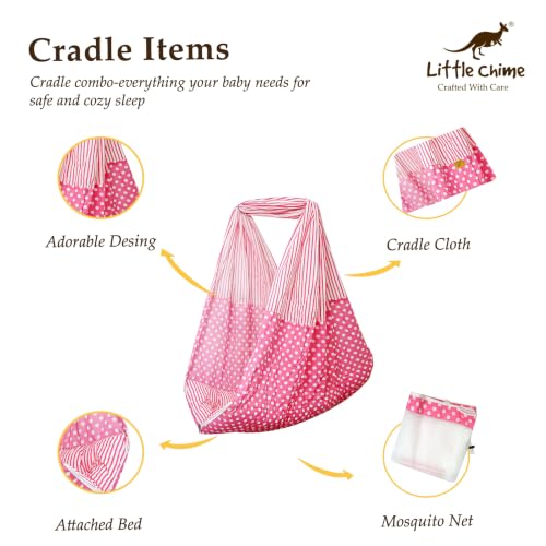 Image of Baby Cradle (Jhula, Thottil Cloth, Palna, Dolna) Set for Newborns | Hanging Cradle with Non-Detachable Cloth Bed, Metal Hanger with Spring Set, & Mosquito Net (Pink)