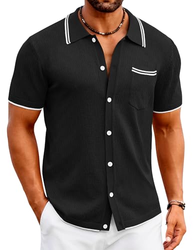 COOFANDY Men's Knit Button Down Shirt Vintage Polo Shirts Short Sleeve Summer Beach Shirts