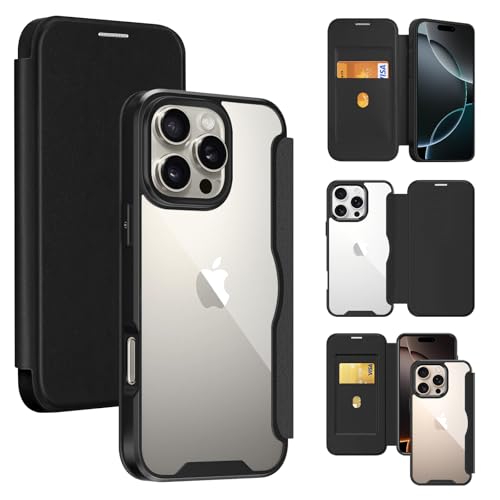 iPhone16 Pro Max ケース 手帳型 クリア 背面 透明 スマホケース カバー 軽量 高級なPUレザー+PCパネル+TPUバンパー 永久磁石 マグネット カード収納 人気財布型 アイフォン16pro max 手帳カバー(ブラック)