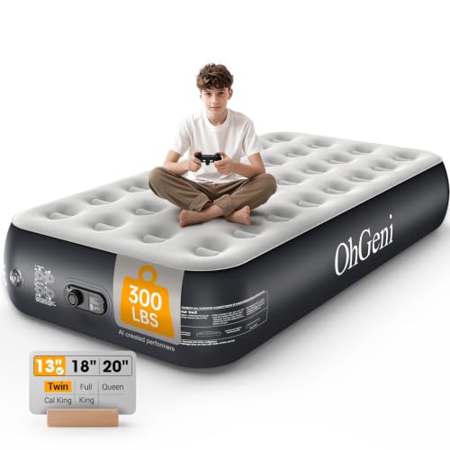 OhGeni Twin Air Mattress with Built in Pump Family Choice Award Winner 13 Camping Inflatable Blow up Bed with External Valve Portable Foldable Airbed for Home & Outdoor 300lbs