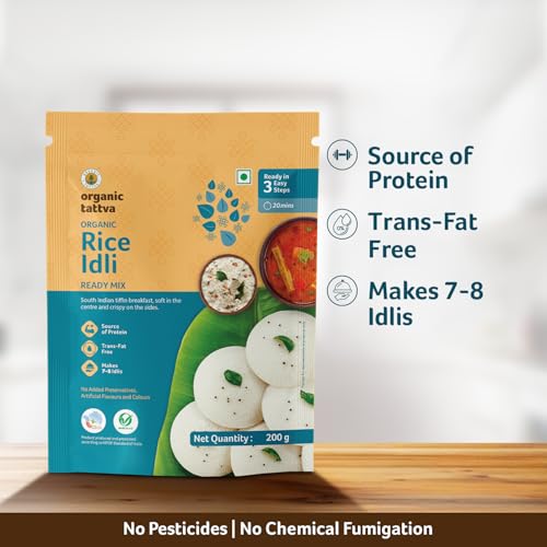 Image of Organic Tattva Rice Idli /Idly Instant Mix 200g, Ready in 5 Steps, 4 Pack | With Benefits of Rock Salt and Sunflower Oil, Protein & Fiber Rich, No Cholesterol & Trans Fat, Ideal for Quick Breakfasts