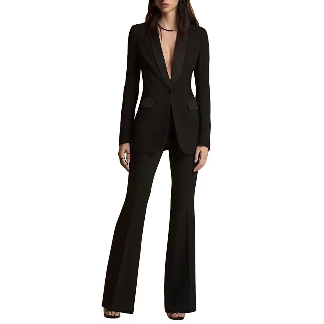 SAROULU Womens Solid Suits Set 2 Piece Business Office One Button Blazer Jacket Casual Long Sleeve Pant Suit