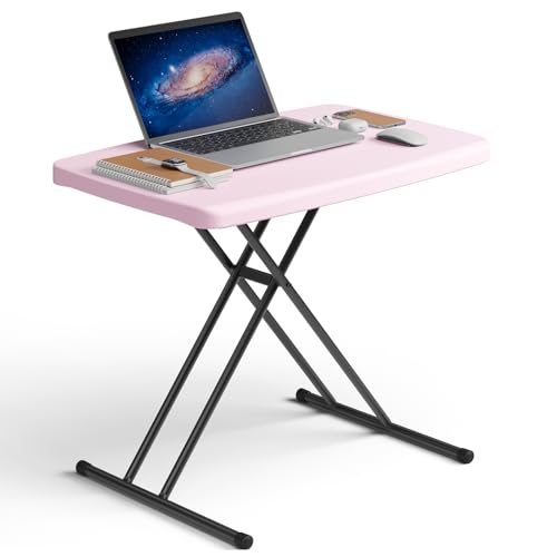 MAKE CHANGES Folding Table 30 Inch - Small Desk Adjustable Height TV Tray for Laptop, Couch, Camping - Heavy Duty Utility Foldable Table for Small Spaces, No Assembly Required, Granite (Pink)