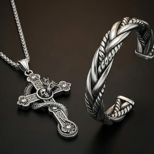 Image of THE MEN THING Combo Cobra Cross Pendant x Twisted Texture Bangle Bracelet| Bold Style Set for Men