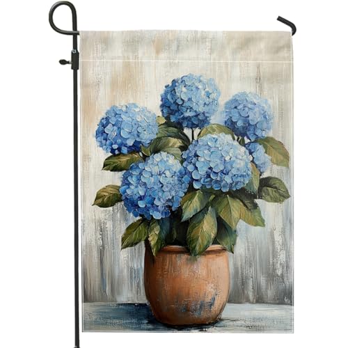 Bandera de jardín de hortensias azules de primavera y verano, letrero decorativo de doble cara para patio, decoración de césped al aire libre para el hogar y fiesta, bandera de temporada estilo