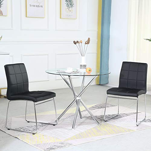 Modern Round Glass Dining Table Set for 2, Kitchen Table with 4 Chrome Legs, Glass Top + 2 Black Faux Leather Dining Chairs, Dining Room Table and Chairs Set of 3 Pieces for Home Small Space