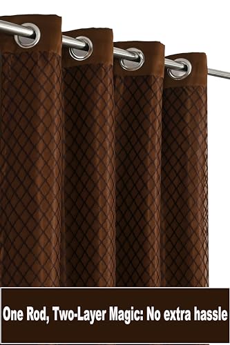 Image of IVAZA Faux Silk Hybrid Designer 100% Blackout Curtain 2-in-1|Dual-Layer Design with Decorative Mesh Overlay & Tie Ribbon|100% Light Blocking,Thermal Insulated, Long Door- 9 Feet (Pack of 2) Coffee