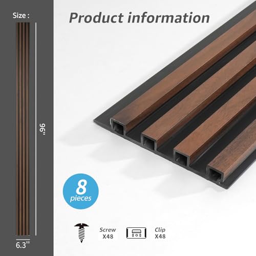 Image of Art3d 96 x 6 Inch 3D Fluted Wood Textured Slat Wall Panel, 8-Pack, Walnut