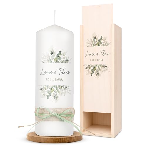AMARI Hochzeitskerze personalisiert Pflanzwelt 20/7 cm- mit Namen & Datum Elegante Traukerze für Hochzeit & Standesamt Individuelles Geschenk zur Trauung